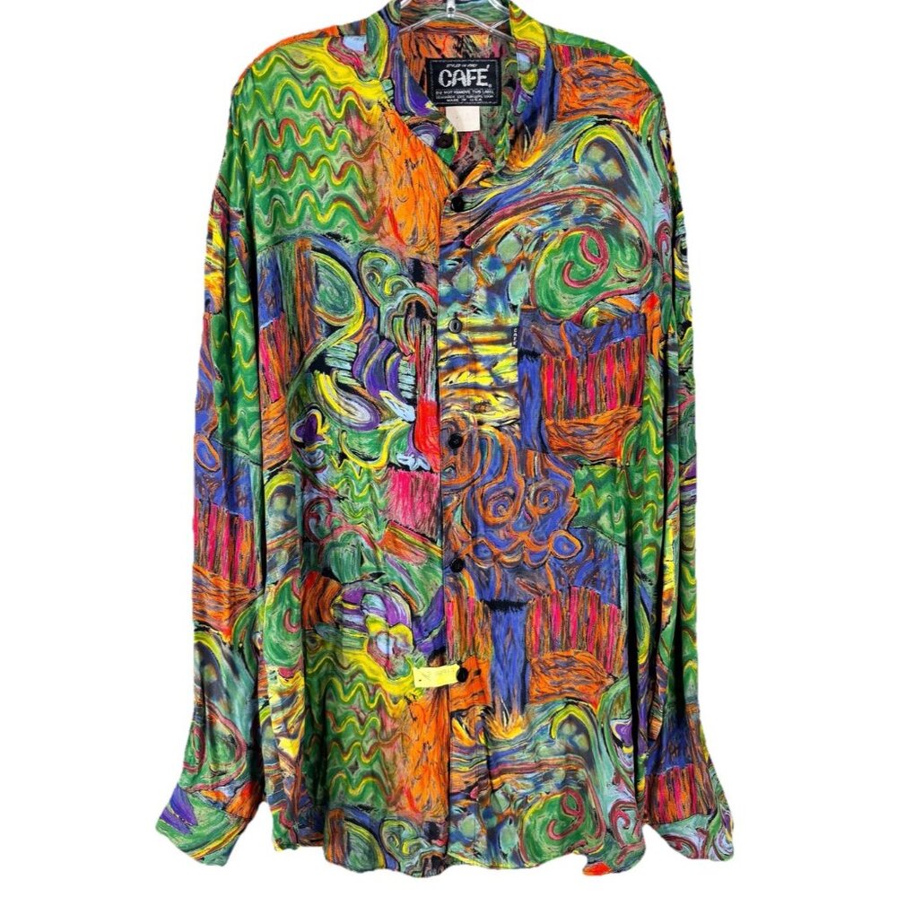 VTG 80s CAFE Style Men Large/XL  Button Shirt Long Sleeve Bright Bold Art EUC